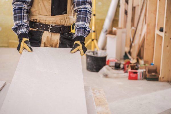 Male Contractor Holding Piece Of Drywall Material. Male Contractor Holding Piece Of Drywall Material.